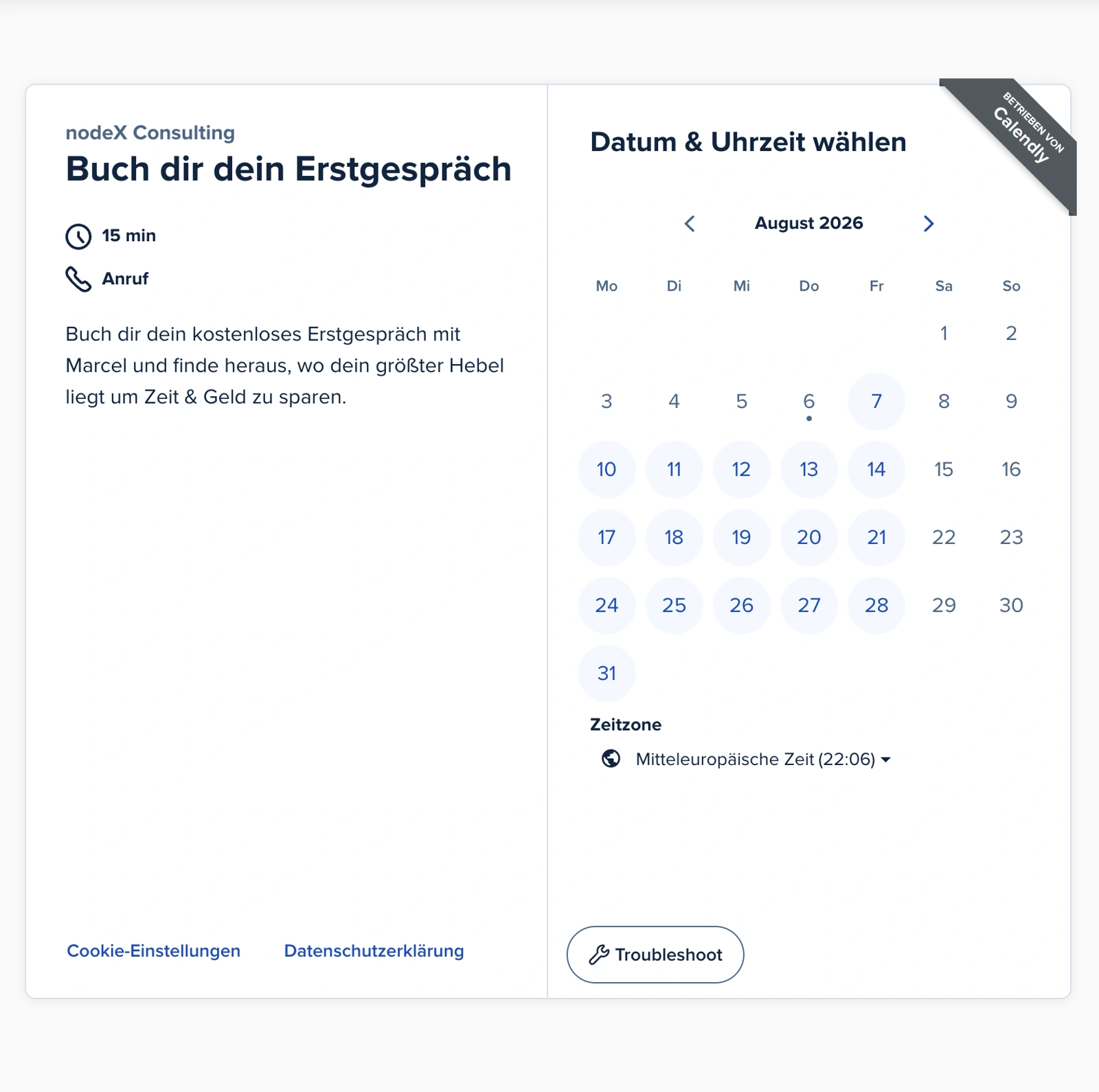 Kalenderansicht der Terminbuchung für das kostenlose Erstgespräch
